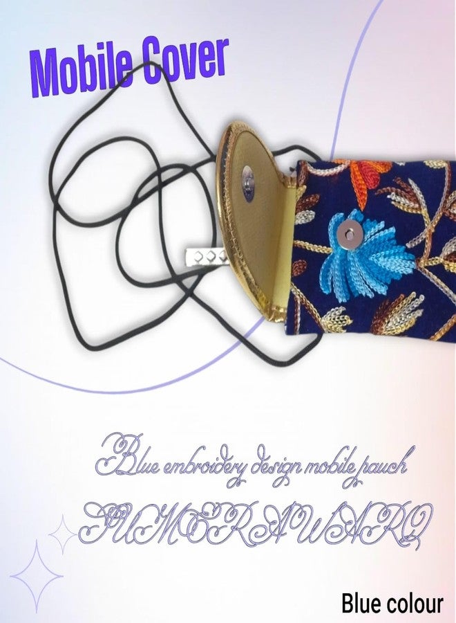 SUMERA WARQ Embroidered Mobile Pouch Cover, Navy Blue Floral Design, Handmade Ethnic Sling Bag with Clip (Blue) - Image 5